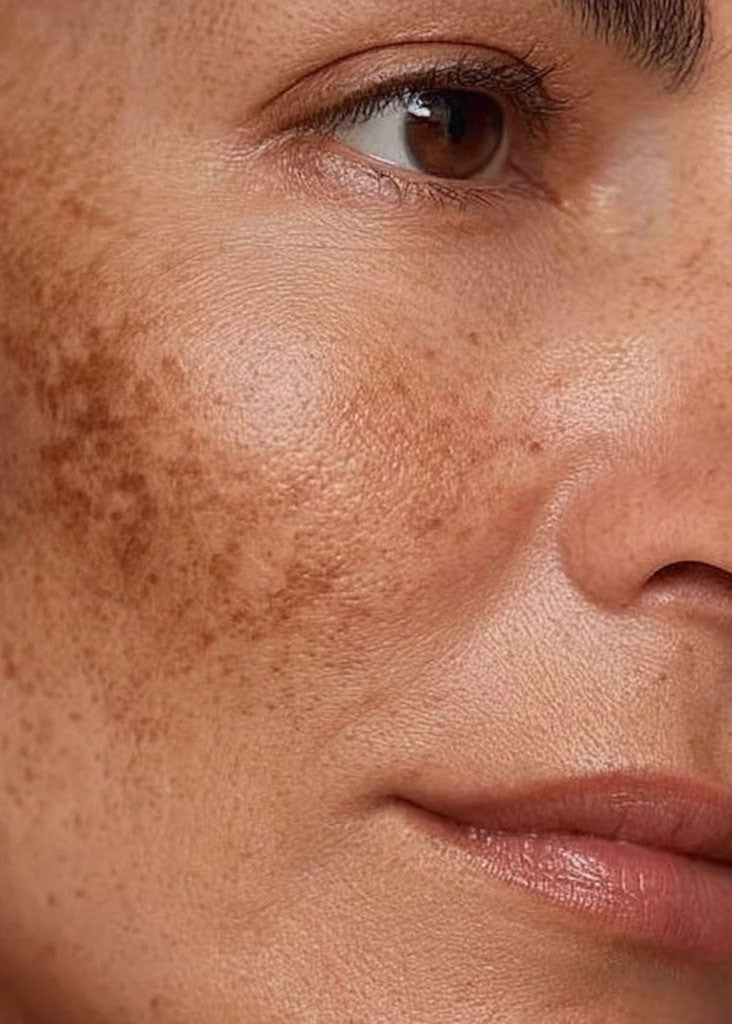 Close-up of a person's face with visible skin texture and freckles.